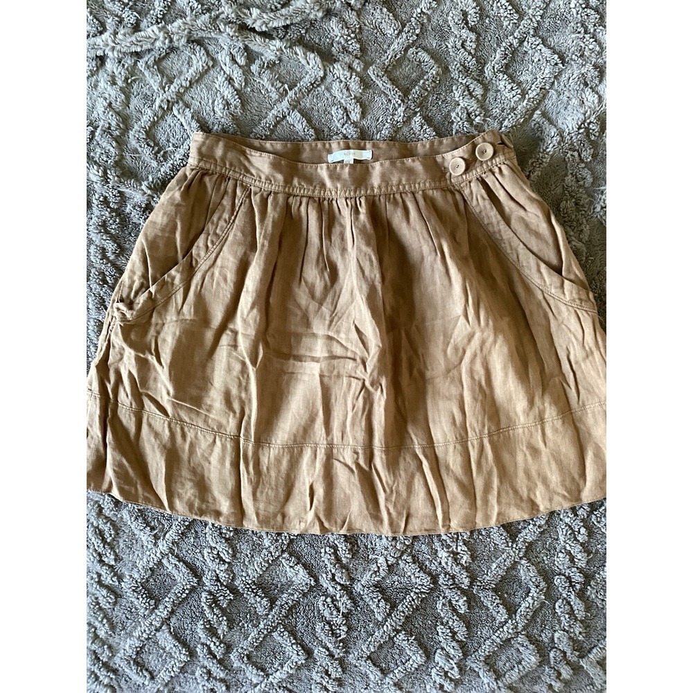 ELIOT High Wasted Brown Linen Cotton Skirt SZ 4 Pleated & Button Side Fastening